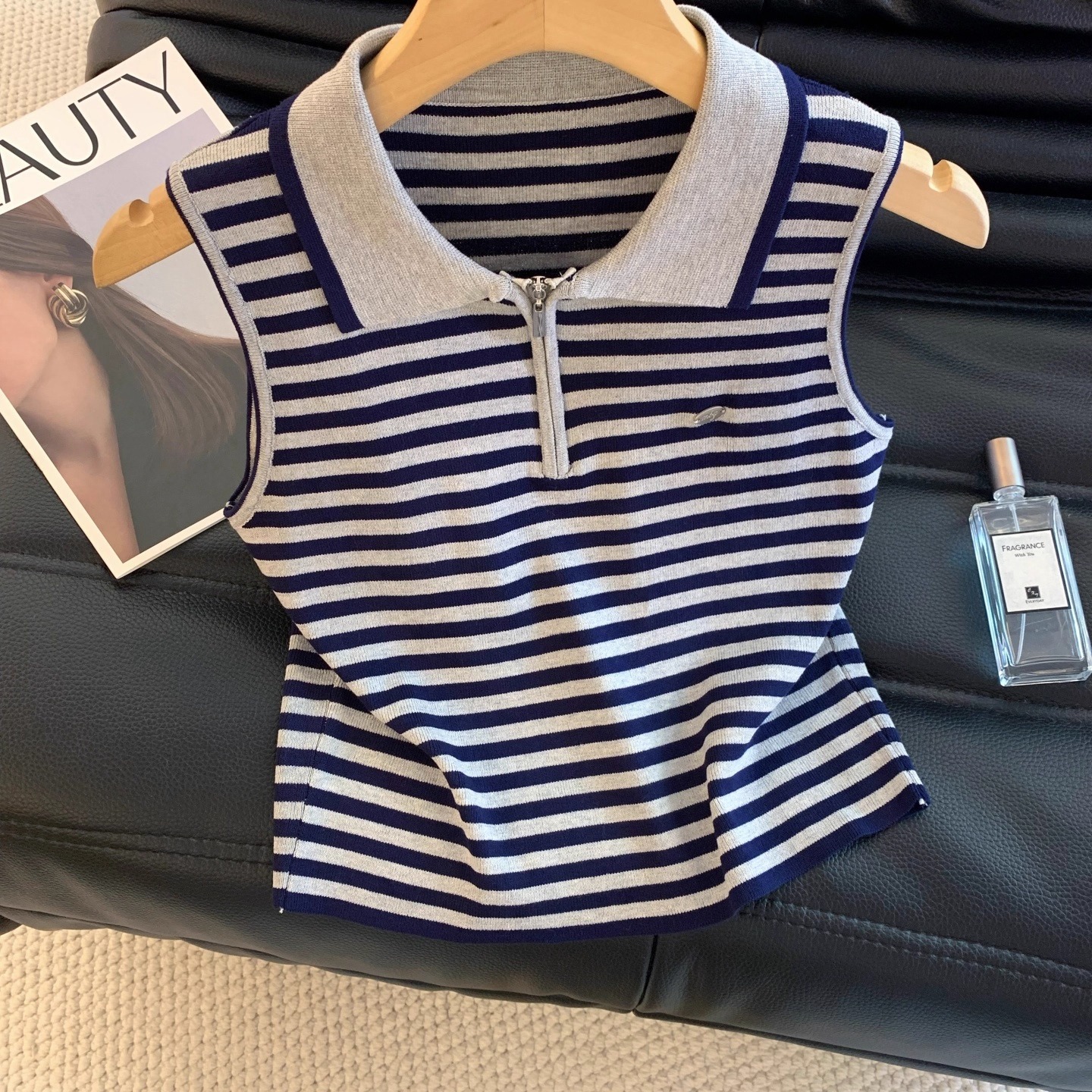 清仓捡漏～专柜撤回法式条纹外穿短款针织背心女修身显瘦无袖上衣