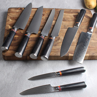 Cross-Border Damascus Chef Knife Set Stainless Steel Laser Pattern Small Kitchen Knife Bread Knife Santoku Knife 8-Piece Knife Set