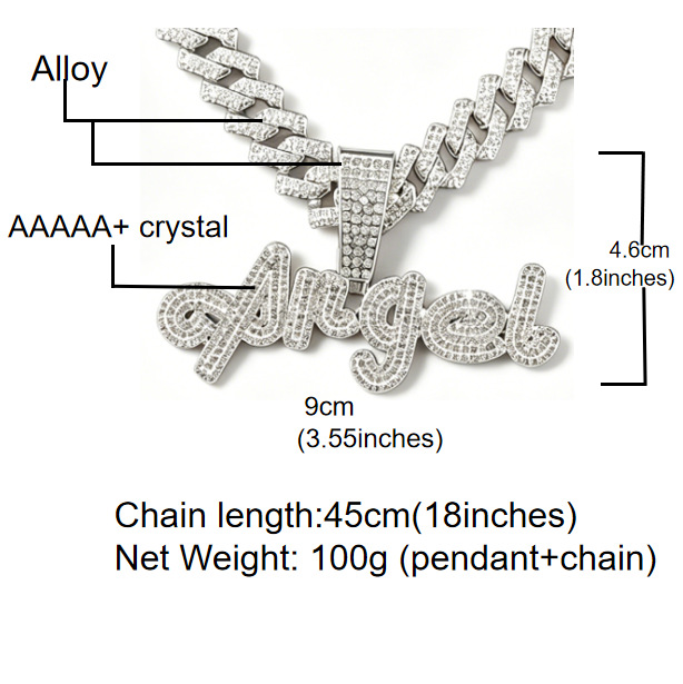 Europa y América Hip Hop material de aleación Ángel colgante de letras de diamantes completo collar de cadena cubana personalidad accesorios hipster