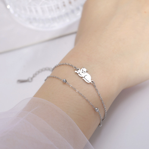 Factory Direct Wholesale New Titanium Steel Bracelet with Double Holed Lying Cat Pendant for Women, Stainless Steel Double Chain Bracelet