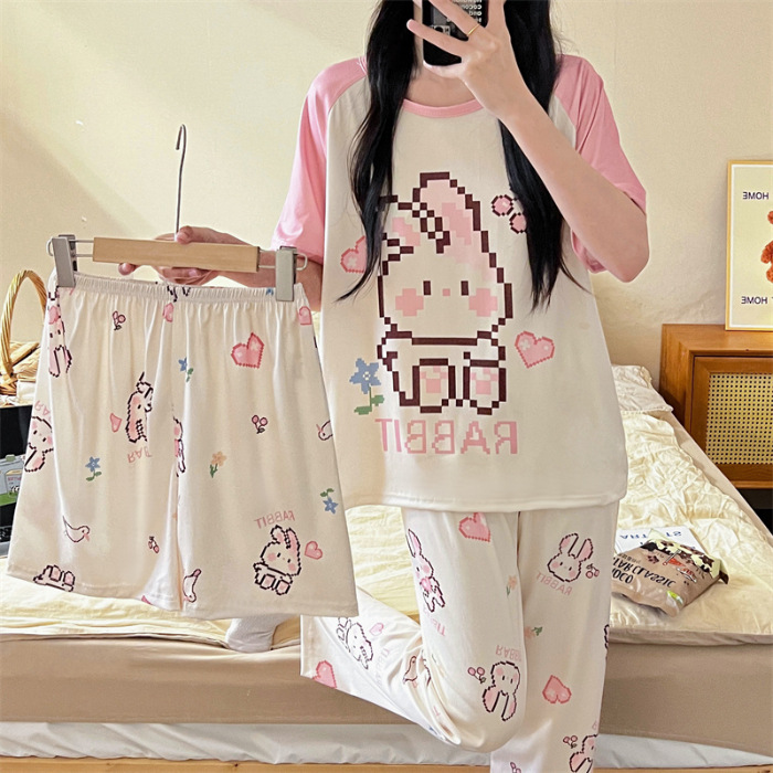 2024 verano vestido de pijama de mujer casual cómodo lindos pantalones cortos de manga corta largo conjunto de tres piezas impresión de dibujos animados ropa para el hogar