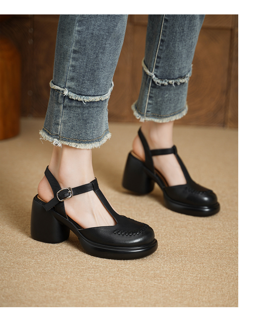 Sandal cao gót nữ quai ngang mũi nhọn da bò thật, gót 8 cm đế dày — đen chi tiết 11