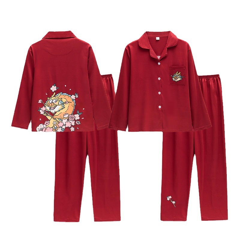 Dragón rojo año pareja pijamas primavera y otoño puro algodón manga larga 2024 nueva boda nacimiento año hombres y mujeres traje de invierno