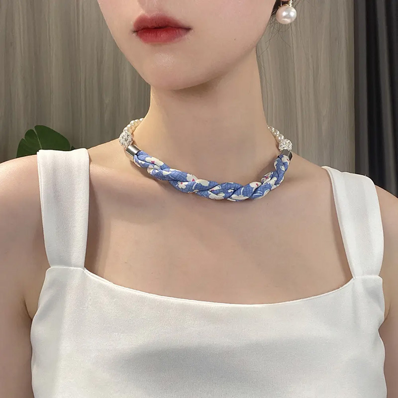 이중 자석 버클 쉘 비드 체인/블루 플로럴 플라워 블레이드 길이 45cm