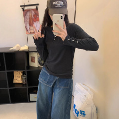 25秋季新款Apm木耳边珍珠打底韩版百搭时尚修身显瘦女式长袖T恤