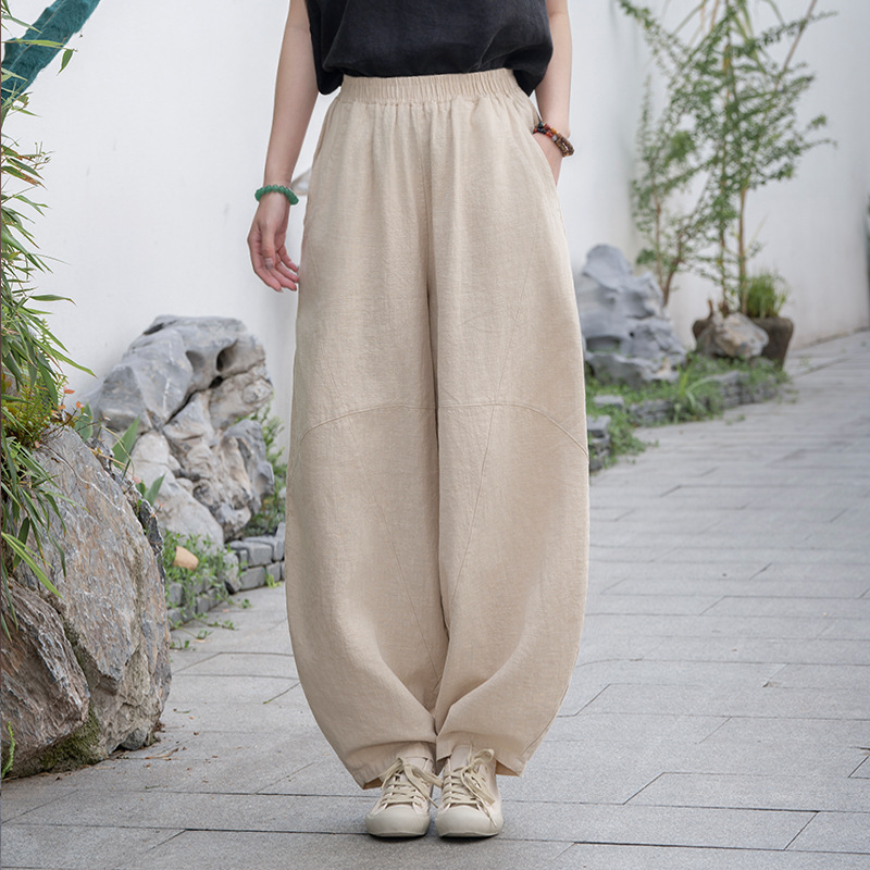 Ramie Lantern Pants, Artistic Retro Style, New Model 26, Loose Casual Pants, Cotton and Linen Carrot Pants, Wide-Leg Elastic Waist Women's Pants