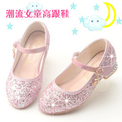 2024春季女童皮鞋亮片水鑽公主水晶鞋兒童單鞋小女孩銀色表演皮鞋