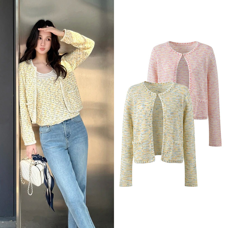 2026 Autumn New French Style Colorful Tweed Long Sleeve Round Neck Slim Fit Knit Cardigan Top 2026 Autumn New French Style Colorful Tweed Long Sleeve Round Neck Slim Fit Knit Cardigan Top