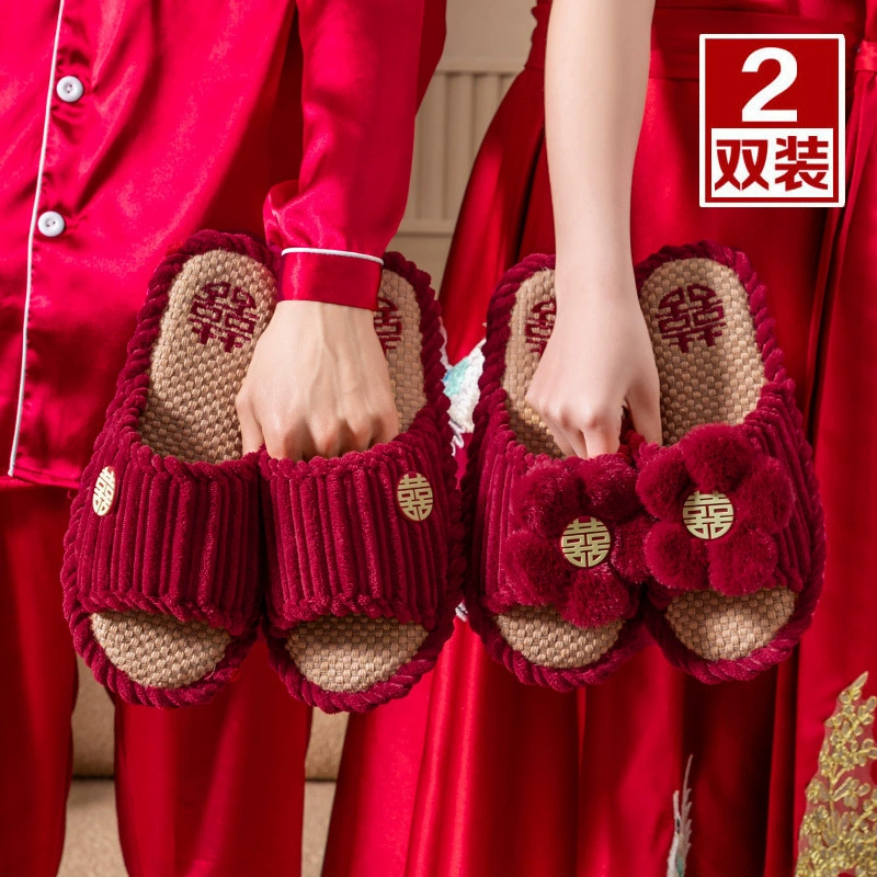 Высококачественные льняные свадебные тапочки праздничные красные пара невесты домашние свадебные тапочки