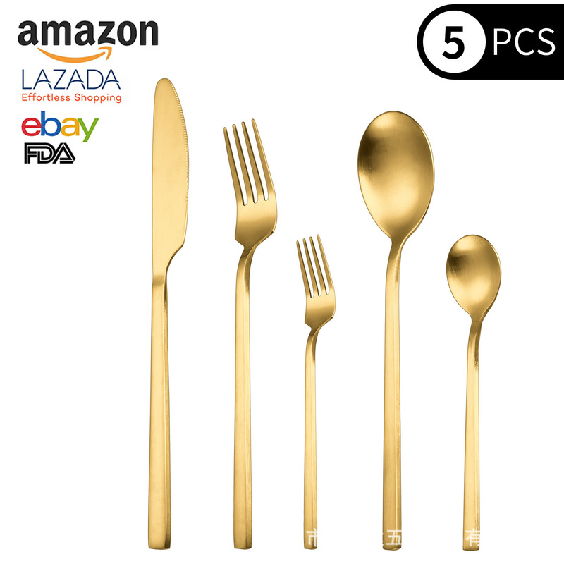 Cross-Border Thickeneded 430 Stainless Steel Square Handle Tableware Steak Main Table Knife, Fork and Spoon Five-Piece Hotel Western Tableware Set Cross-Border Thickeneded 430 Stainless Steel Square Handle Tableware Steak Main Table Knife, Fork and Spoon Five-Piece Hotel Western Tableware Set