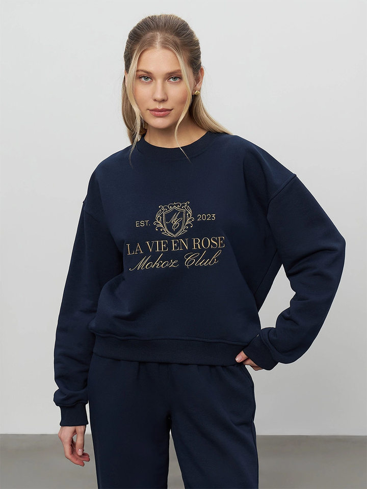 Bộ đôi áo nỉ thêu và quần dài nữ phong cách casual — Màu trắng nhạt, Màu xanh hải quân, màu xám, nâu sẫm chi tiết 34