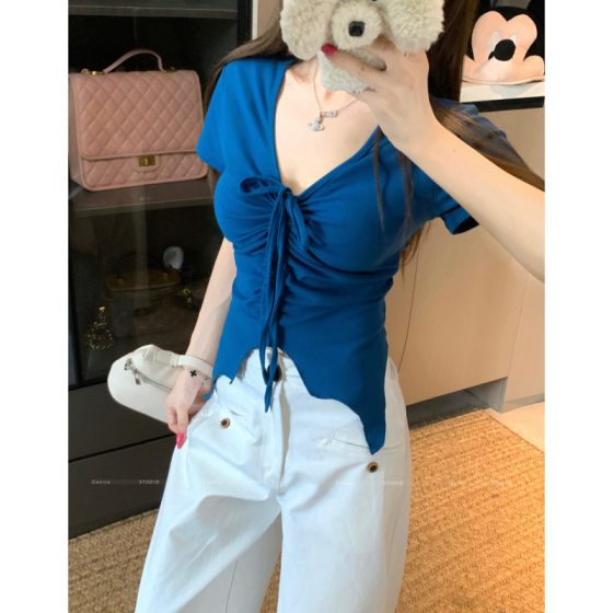 plus size Chubby Sister Summer New Pure Desire Drawstring Pleated Shoulder Short-sleeved T-shirt Slim-fit Slimming Top