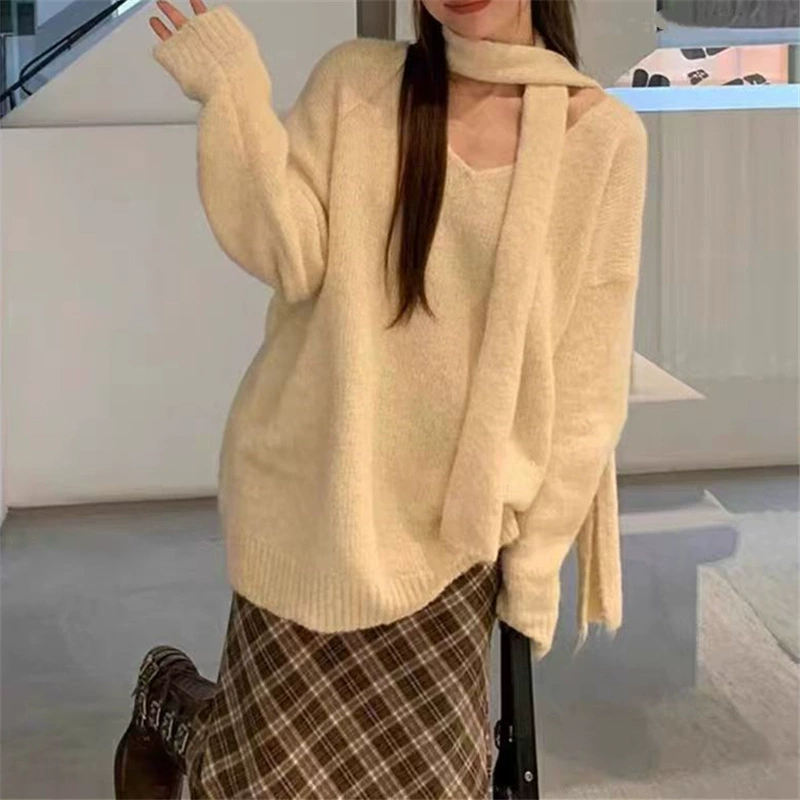 V-образный молочный fuf мягкий клейкий трикотажный свитер женский осень-зима 2024 корейский ленивый ветер сплошной цвет свободный шарф топ
