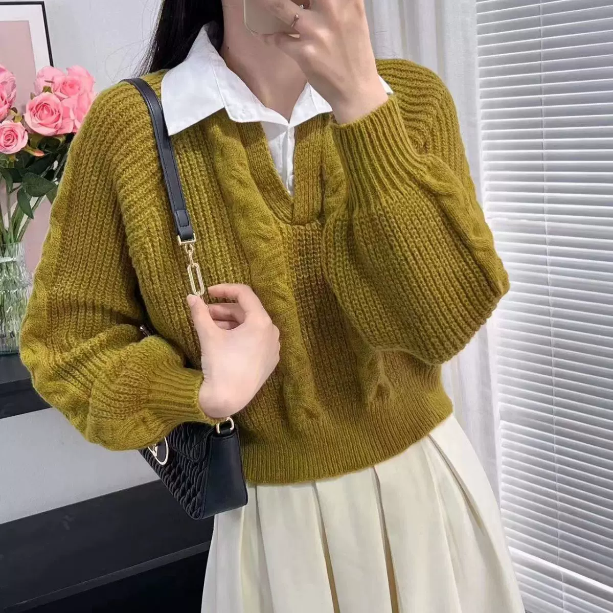韩系假两件麻花毛衣针织衫女秋季新款设计感套头宽松显瘦外穿上衣