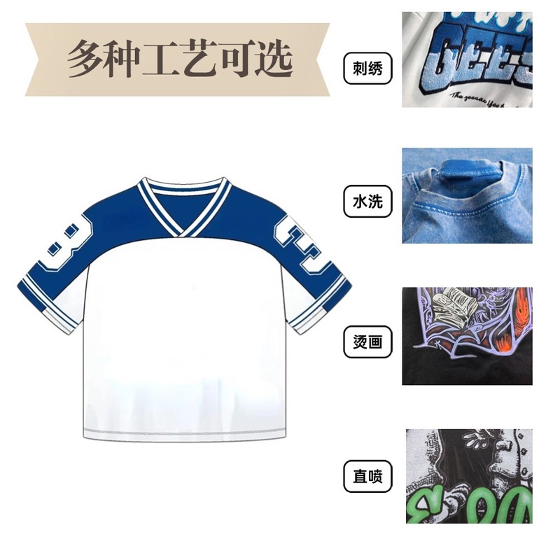 クロスボーダーホットセールレトロジャージ写真プリントヨーロッパとアメリカの若者ルーズVネックスポーツオフショルダーTシャツファンジャージ|undefined