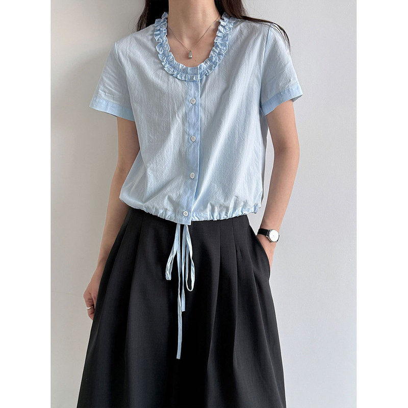 Luxi Korean Design Lace Collar Short-Sleeved Shirt for Women 2026 Summer Drawstring Waist Blouse Top 89035 Luxi Korean Design Lace Collar Short-Sleeved Shirt for Women 2026 Summer Drawstring Waist Blouse Top 89035