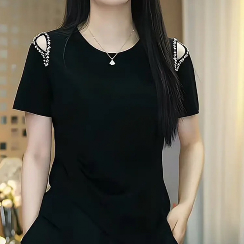 純綿大きいサイズヨーロッパビーズオフショルダー半袖 Tシャツ女性のための 2025 夏の新しいルーズ痩身ファッショナブルなトップス女性のための|undefined