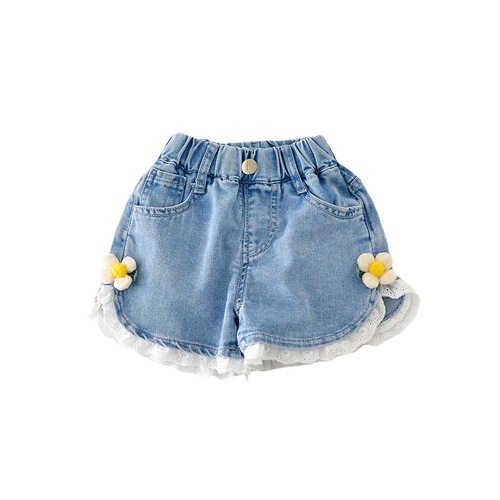 Summer new baby children's clothing girls sweet shorts for children and middle-aged children lace flower thin denim hot pants