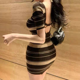韩东大门新款气质复古修身显身材后背镂空交叉露背条纹包臀连衣裙