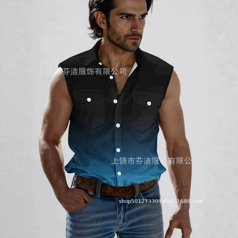 2026 Cross-Border Men's Sleeveless Shirt with Multi-Color Print, Summer American Retro Tough Guy Style, Loose Cardigan Versatile Top