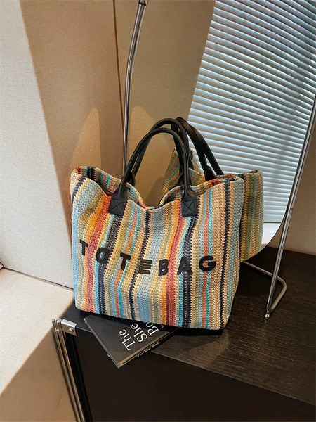 2026 New Woven Tote Bag for Women, Large Capacity Shoulder Bag, Fashionable Striped Handbag, Versatile Commuter Bag