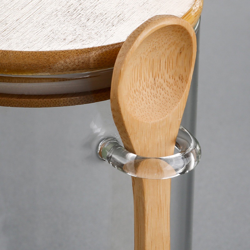 alta borosilicona vidrio redondo sellado lata caja de condimentos lata de almacenamiento granos de café cocina lata de almacenamiento con cuchara de madera