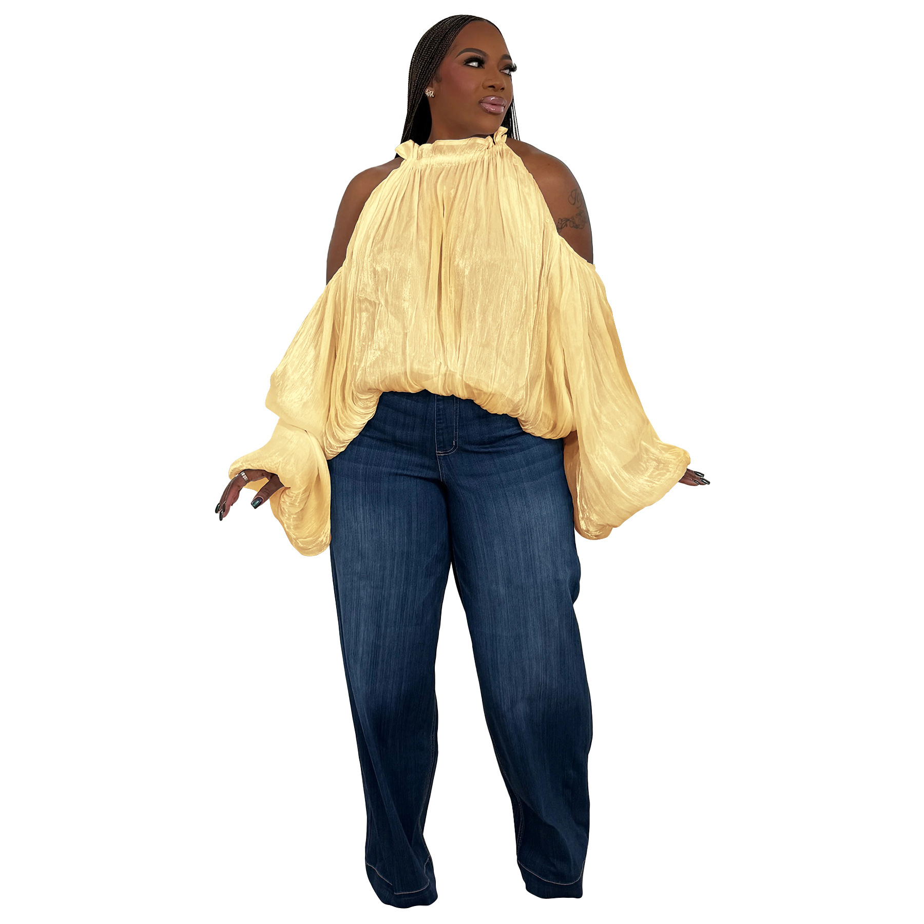 Damen Bluse Aus Organza Mit Schulterfreiem Ausschnitt Und Puffärmeln_voghion.com