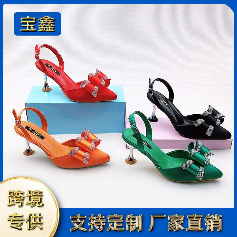 Cross-Border Fashion European and American New Style Rhinestone Bow Women's Slippers Pointed Toe Stiletto High Fashion Outer Wear Comfortable Shoes
