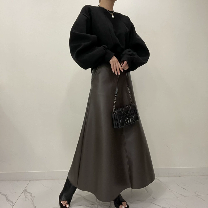 Корейская новинка осенне-зимнего сезона, высококачественная юбка из искусственной кожи в стиле французского ретро с высокой талией, стройнящая фигуру, универсальная юбка-парасоль с широким подолом.