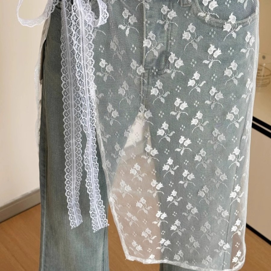 Niche design lace-up ins blogger personality lace overlapping wear layered gauze skirt with apron skirt