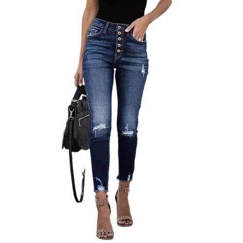 [Clearance Sale] TEMUSHEIN European & American-Size Frayed Hem Distressed Button-Front Skinny Jeans