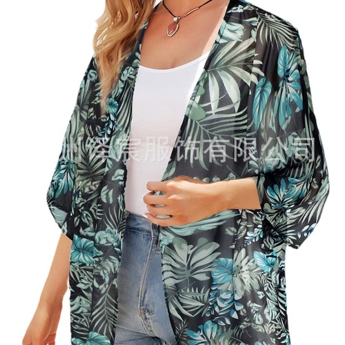 Women's European and American Large Size Chiffon Cardigan Top, Beach Cover-up, Sun Shirt, Printed