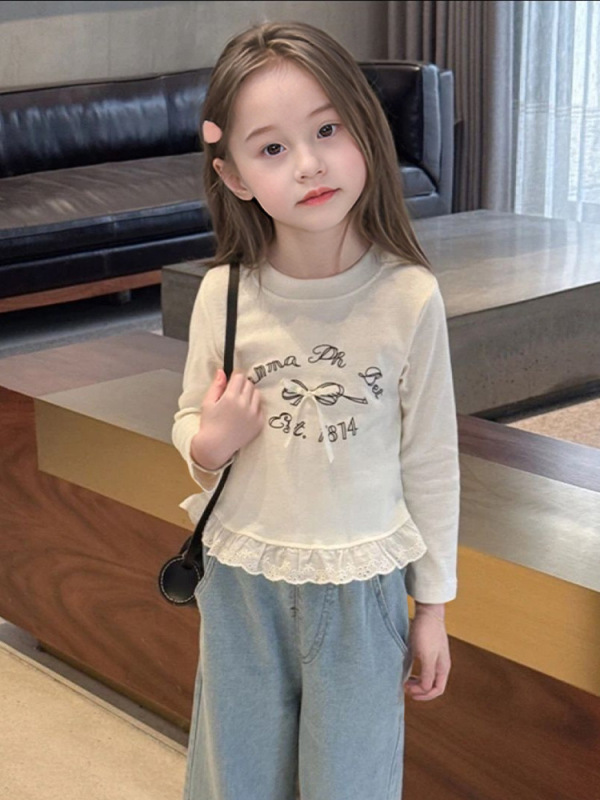 儿童秋季长袖T恤女童蝴蝶结纯色打底衫 宝宝可爱蕾丝花边休闲上衣|undefined