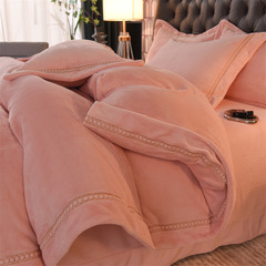 批發A類母嬰級牛奶暖芙絨四件套高精密純色工藝款刺繡被套床單笠