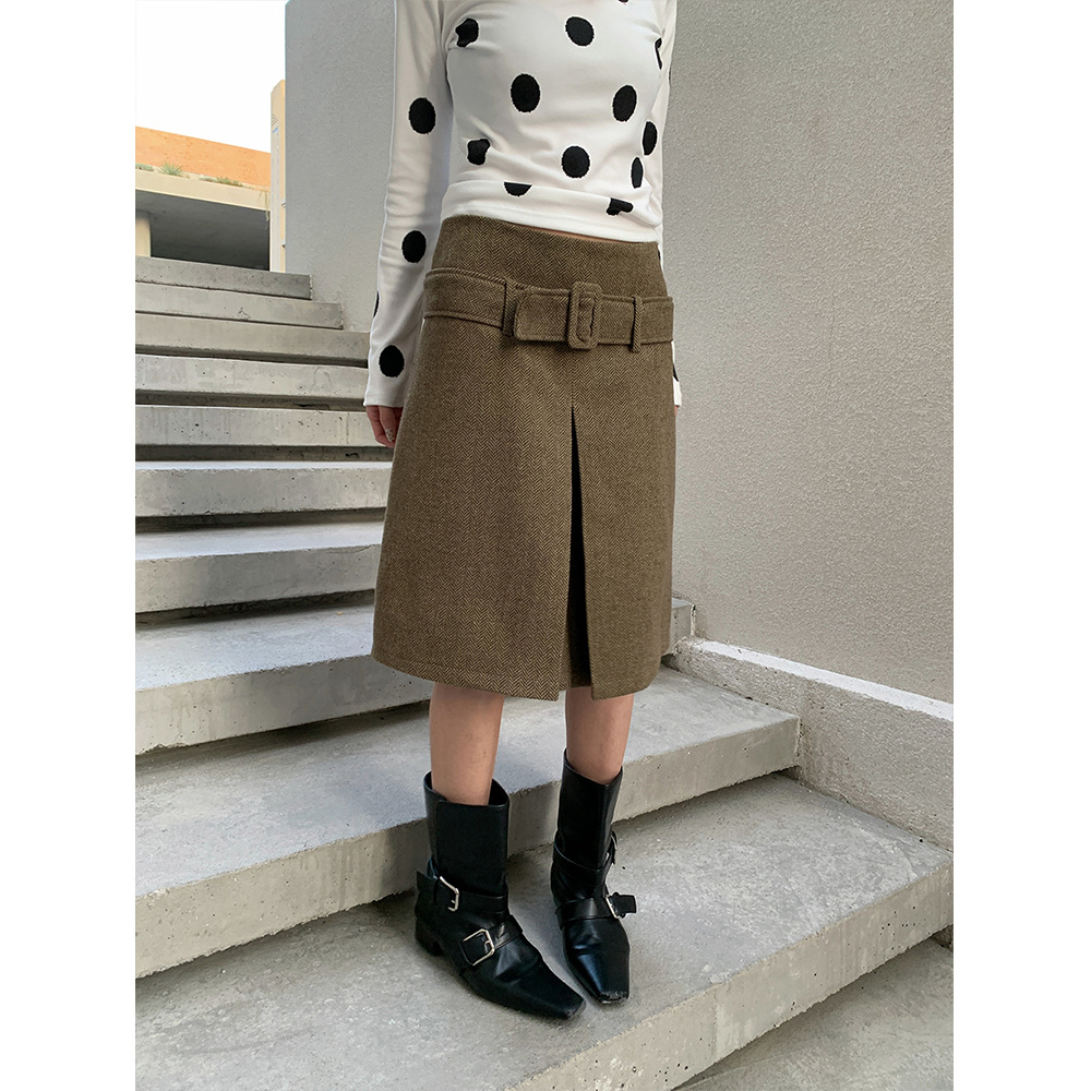 Yuyi's New 2025 Autumn and Winter French Retro Belt Skirt Feminine Woolen Slit A-Line Skirt for Women M3837