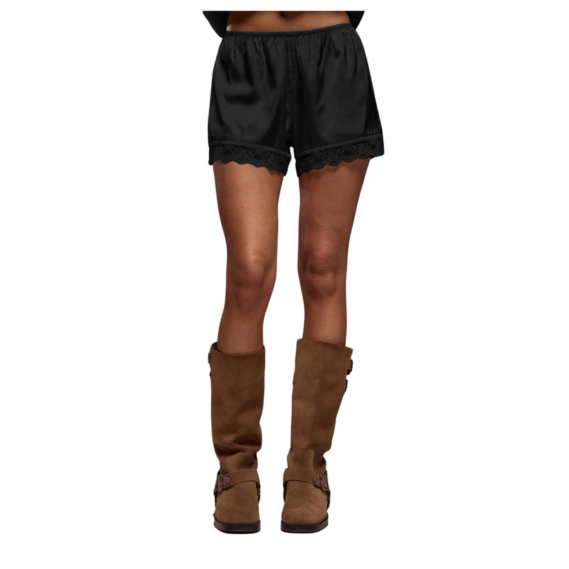 2026 European and American Amazon Women's Solid Color Lace Trim Satin Glossy Elastic Waist Mini Shorts French Shorts 2026 European and American Amazon Women's Solid Color Lace Trim Satin Glossy Elastic Waist Mini Shorts French Shorts