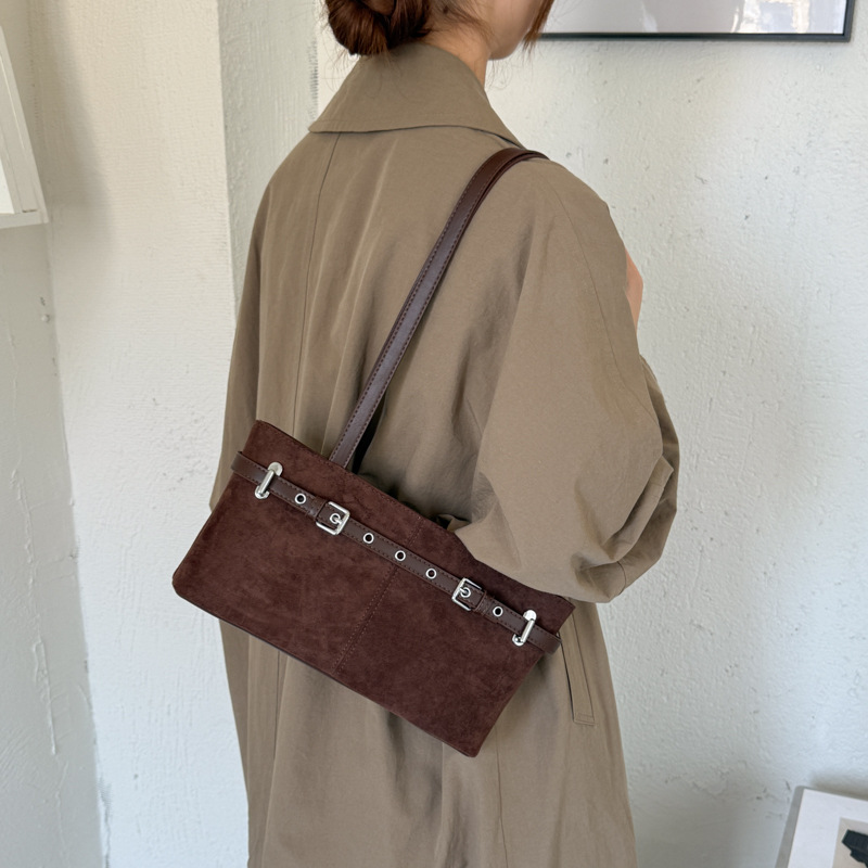 Grommet Buckle Trim Faux Suede Baguette Shoulder Bag 1