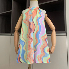 Baby girl's new summer dress with A-line skirt, tie-neck, oil painting style, vacation wear, one-piece for children, dropshipping one item