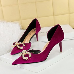 1363-AK79 Banquet Women's Shoes High Heel Suede Shallow Mouth Pointed Side Hollow Water Diamond Buckle Pearl Bow Si