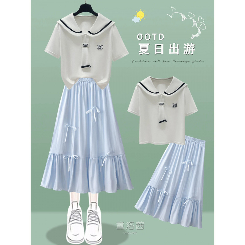 Girls' Fashionable Navy Collar Dress Set 2026 Summer New Style High School and Junior High School Students' College Style Outfit Two-Piece Set Girls' Fashionable Navy Collar Dress Set 2026 Summer New Style High School and Junior High School Students' College Style Outfit Two-Piece Set