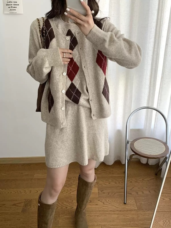 2025韩系菱格针织开衫三件套女秋季新款宽松毛衣外套套装跨境批发|undefined