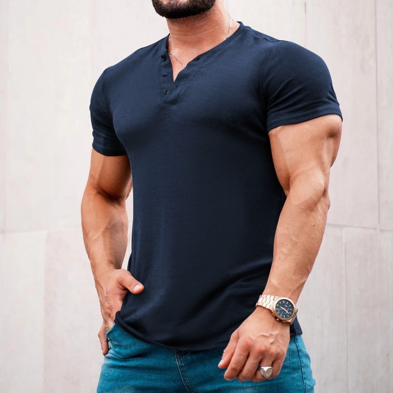 2024 New Summer Casual Solid Short Sleeve Round Neck Pullover Button Henley T-shirt for Men_vogarts.com