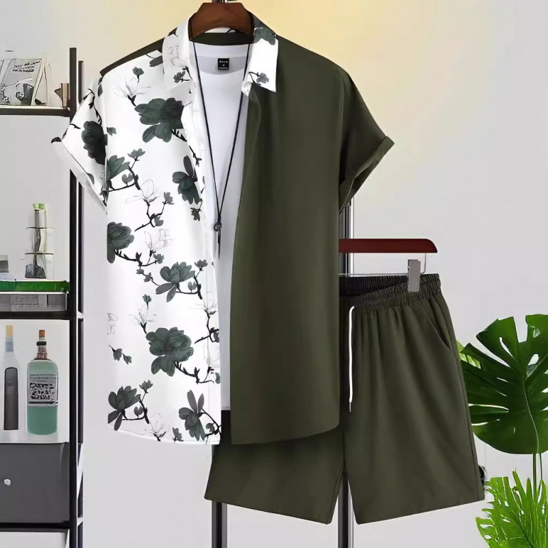 2024 Amazon TEMU 여름 하와이 크로스보더 남성 셔츠 및 비치 팬츠 투피스 슈트
