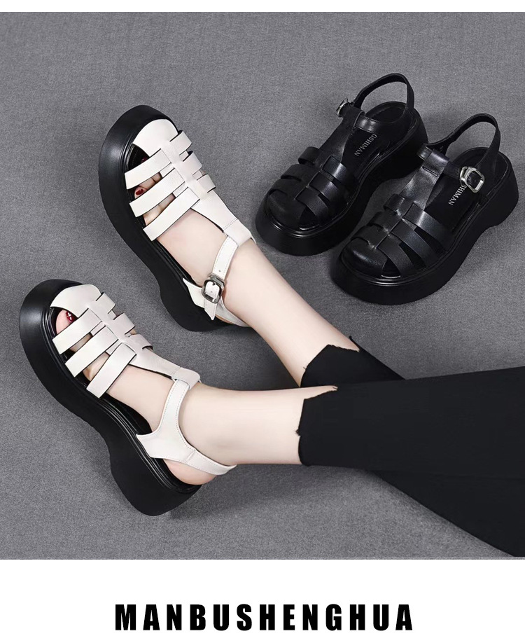 Dép sandal nữ đế dày da thật kiểu La Mã, mũi kín đan xương cá, đi biển mùa hè — Màu đen chi tiết 15