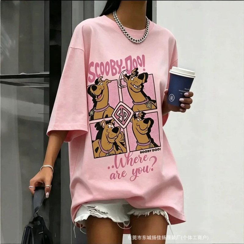 100% Pure Cotton Short-Sleeved T-Shirt, American-Style Sweet and Cute Summer Cartoon Fun Print, Loose and Unique Cross-Border Top
