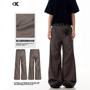 11Kn Old Money Style Slightly Flared Brown Pants for Men and Women Pleated Retro Distressed Design Trendy Loose Casual Slim Pants