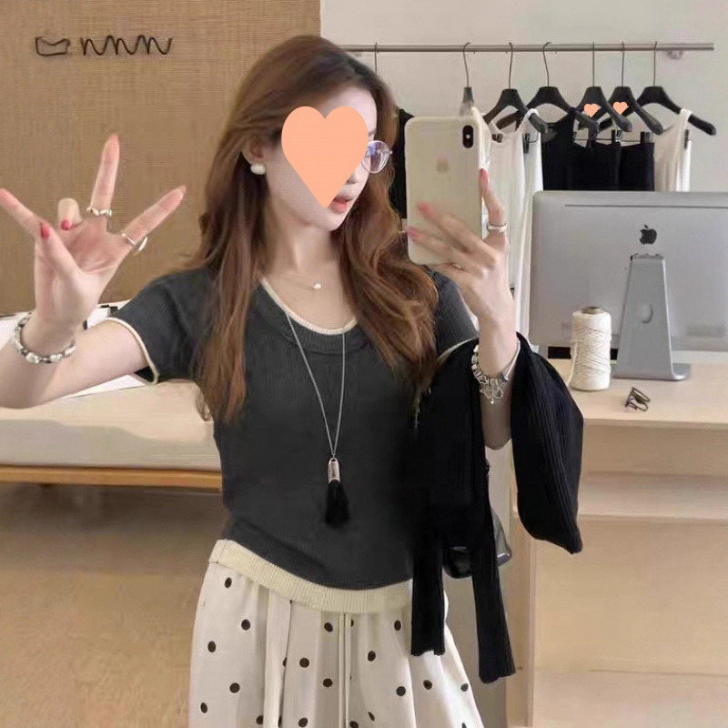 上衣短袖十三行品质货！撞色领针织很洋气百搭显瘦U领拼色女美2025|undefined