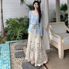 假两件度假风防晒T恤镂空钩花显瘦半身长裙女2025春季时尚套装ins