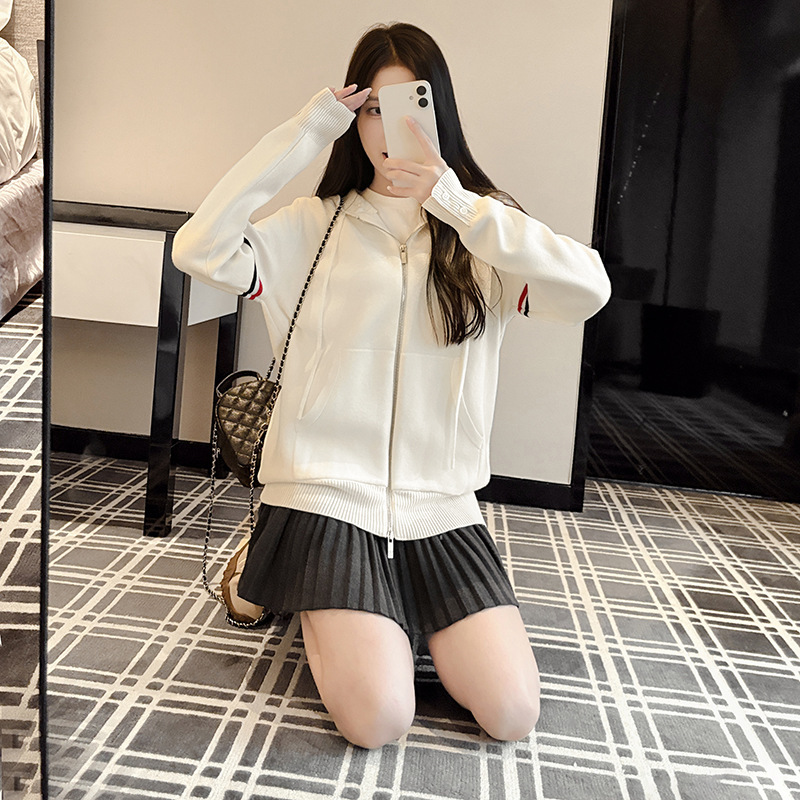 Tb New Style Double-Sleeve Color-Striped Hooded Knit Cardigan with Double-Zipper Jacket, Trendy College Style Unisex Sweater