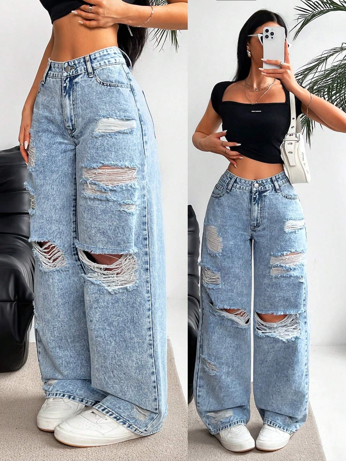 ​​Women's Relaxed Fit Straight Leg Jeans - Vintage Washed Denim, Wide Leg Comfort, Street Style Casual Pants For Everyday Wear​​_ecoleips.com